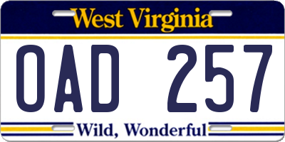 WV license plate OAD257