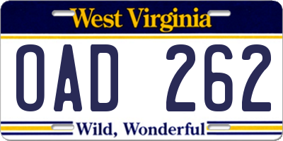 WV license plate OAD262