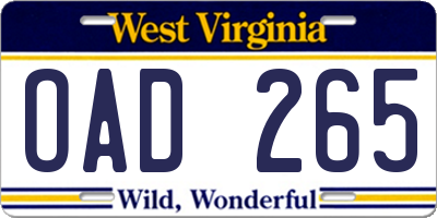 WV license plate OAD265