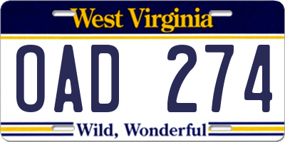 WV license plate OAD274