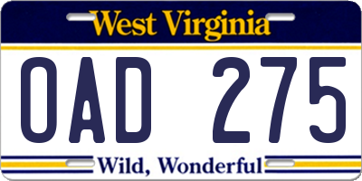 WV license plate OAD275