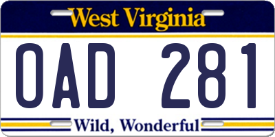 WV license plate OAD281