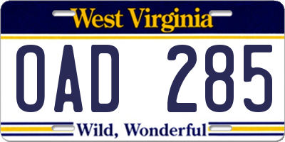 WV license plate OAD285