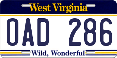 WV license plate OAD286