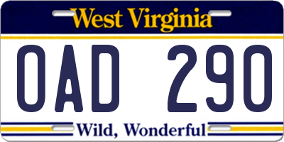 WV license plate OAD290
