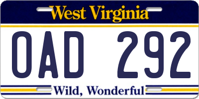 WV license plate OAD292