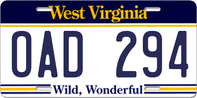 WV license plate OAD294