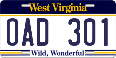 WV license plate OAD301