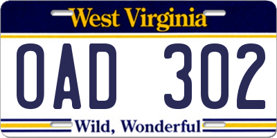 WV license plate OAD302