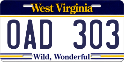 WV license plate OAD303