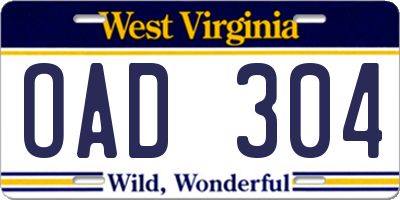 WV license plate OAD304