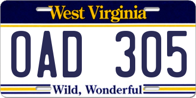 WV license plate OAD305