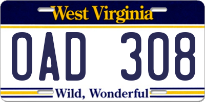 WV license plate OAD308