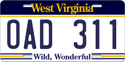 WV license plate OAD311