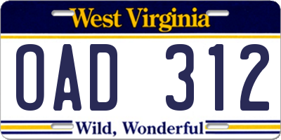 WV license plate OAD312