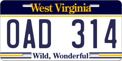 WV license plate OAD314