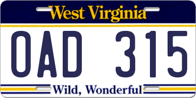 WV license plate OAD315