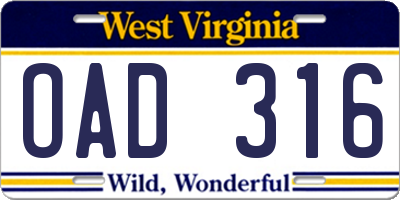 WV license plate OAD316