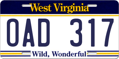 WV license plate OAD317