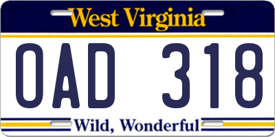 WV license plate OAD318
