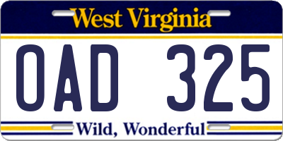 WV license plate OAD325
