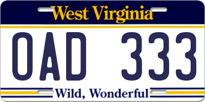 WV license plate OAD333