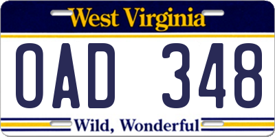 WV license plate OAD348