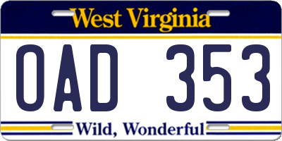 WV license plate OAD353