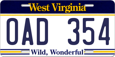 WV license plate OAD354