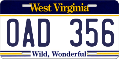 WV license plate OAD356