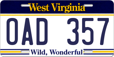 WV license plate OAD357