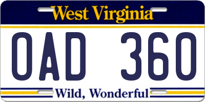 WV license plate OAD360