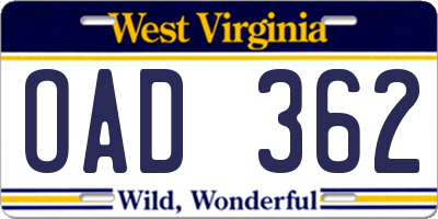 WV license plate OAD362