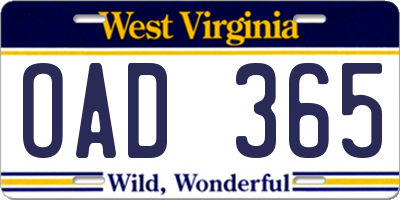 WV license plate OAD365