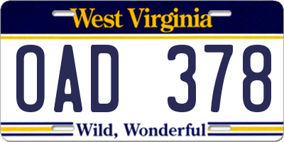 WV license plate OAD378