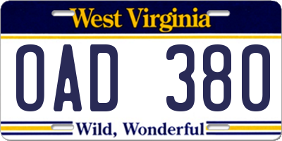 WV license plate OAD380