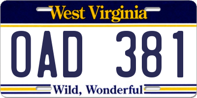 WV license plate OAD381