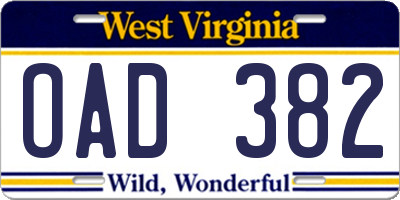 WV license plate OAD382