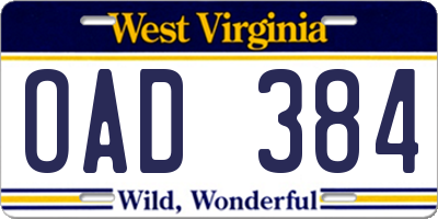WV license plate OAD384