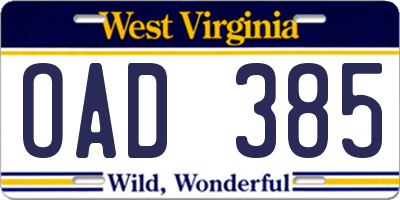 WV license plate OAD385
