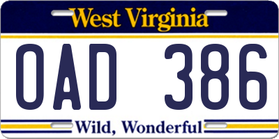WV license plate OAD386