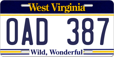 WV license plate OAD387