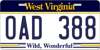 WV license plate OAD388