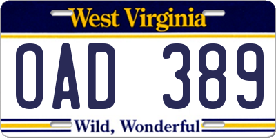WV license plate OAD389