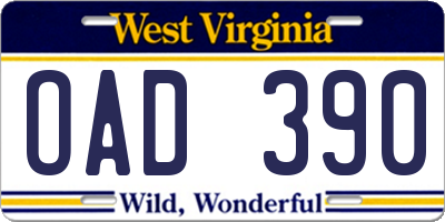 WV license plate OAD390