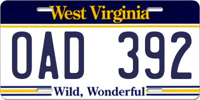 WV license plate OAD392