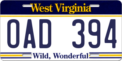 WV license plate OAD394