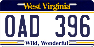 WV license plate OAD396