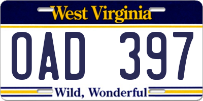 WV license plate OAD397