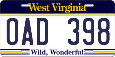 WV license plate OAD398